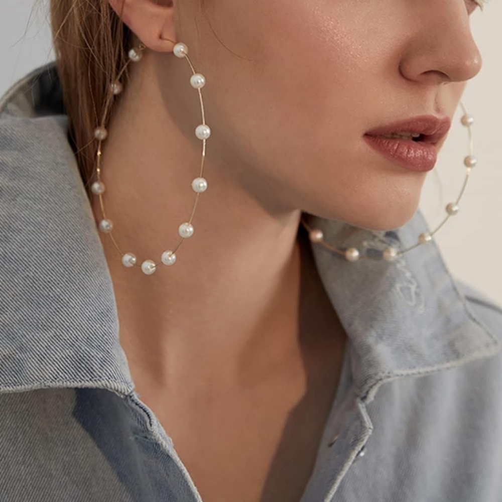 Huge 5" Pearl Gold Hoops Thin Oversized Hoop Statement Earrings New Bohemian